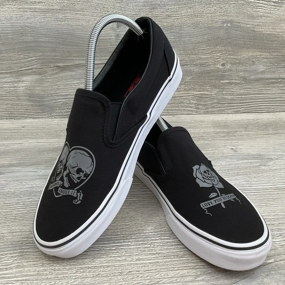 VANS Slip On Love You To Death Black Silver Canvas Shoes Womens Size 10 Mens 8.5